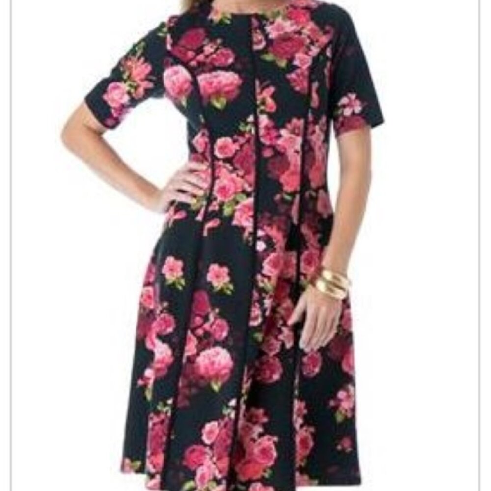 NEW Roaman's Black Strawberry Floral Print Piped Accent Dress SS Zip 24W